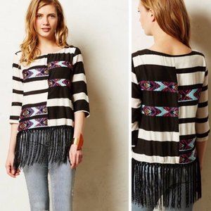 Anthropologie Striped Embroidered Tassel Blouse